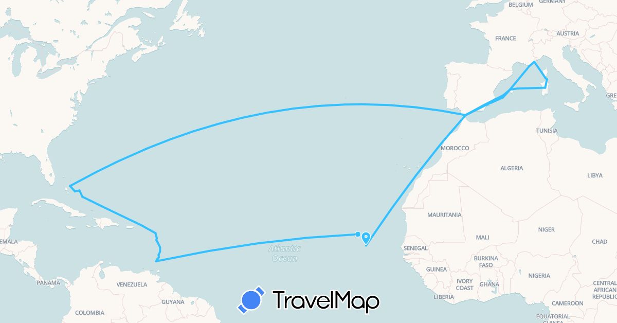 TravelMap itinerary: driving, boat in Antigua and Barbuda, Bahamas, Cape Verde, Dominica, Spain, France, Grenada, Gibraltar, Italy, Saint Lucia, Turks and Caicos Islands, Saint Vincent and the Grenadines, British Virgin Islands (Africa, Europe, North America)